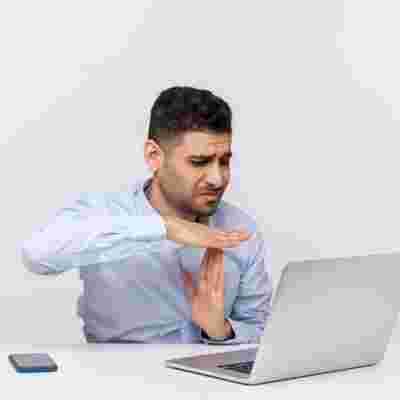 Need Break Upset Male Employee Sitting Office Workplace Looking At Picture Id1256493503